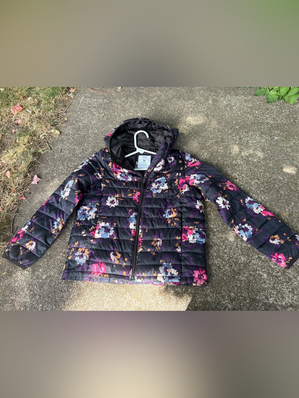 GAP Kids Floral Quilted Puffer Jacket - Black with Pink & Purple Flowers